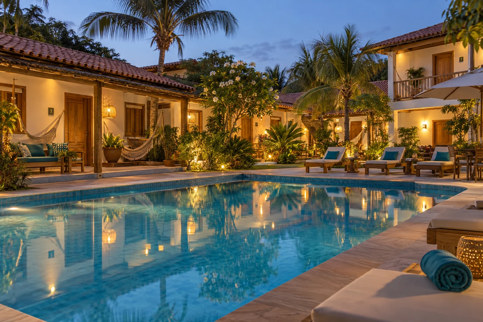 Piscina ao anoitecer